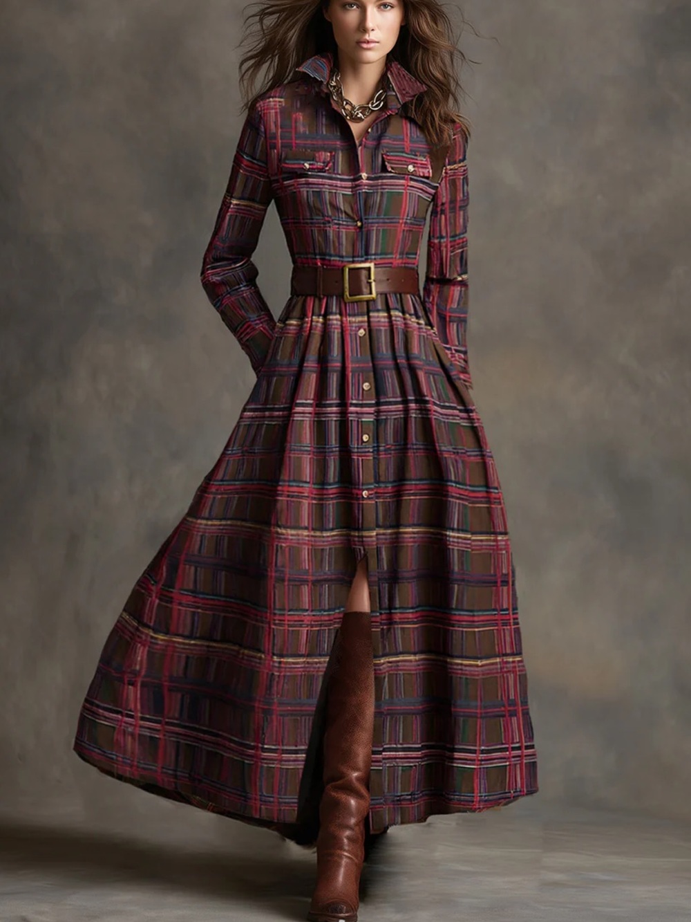 Oyrosy Plaid Maxi Shirt Dress with Belt